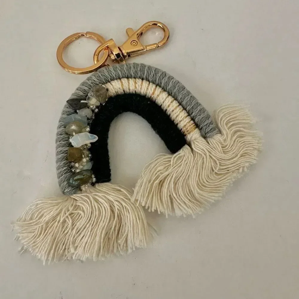 Blue macrame rainbow keychain